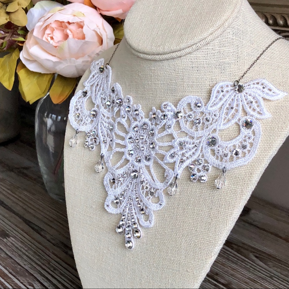 Swarovski Crystals and Lace Bridal Collar Necklace - Picture 7 of 10